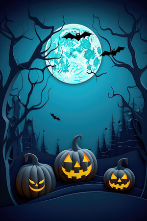 Concept illustration of a happy Halloween background with clouds and pumpkins in the style of paper clippings. Full moon in the sky, spider web, skull, ghost and flying bats. Generative AIの素材