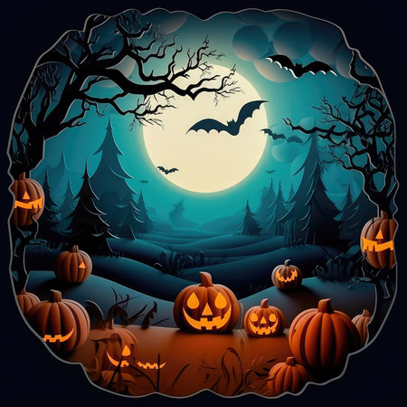 Concept illustration of a happy Halloween background with clouds and pumpkins in the style of paper clippings. Full moon in the sky, spider web, skull, ghost and flying bats. Generative AIの素材