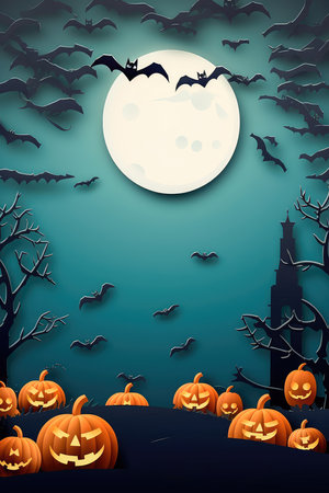Concept illustration of a happy Halloween background with clouds and pumpkins in the style of paper clippings. Full moon in the sky, spider web, skull, ghost and flying bats. Generative AIの素材