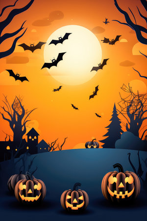 Concept illustration of a happy Halloween background with clouds and pumpkins in the style of paper clippings. Full moon in the sky, spider web, skull, ghost and flying bats. Generative AIの素材