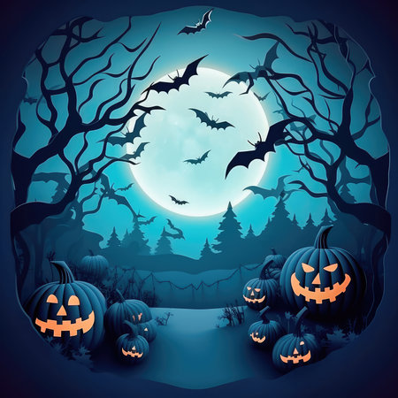 Concept illustration of a happy Halloween background with clouds and pumpkins in the style of paper clippings. Full moon in the sky, spider web, skull, ghost and flying bats. Generative AIの素材