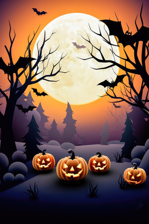 Concept illustration of a happy Halloween background with clouds and pumpkins in the style of paper clippings. Full moon in the sky, spider web, skull, ghost and flying bats. Generative AIの素材