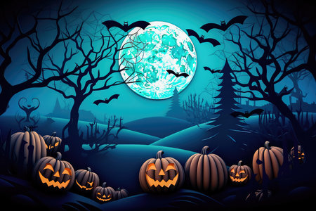 Concept illustration of a happy Halloween background with clouds and pumpkins in the style of paper clippings. Full moon in the sky, spider web, skull, ghost and flying bats. Generative AIの素材