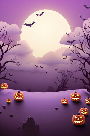 Concept illustration of a happy Halloween background with clouds and pumpkins in the style of paper clippings. Full moon in the sky, spider web, skull, ghost and flying bats. Generative AIの素材