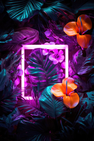Concept illustration of a creative fluorescent color layout made of tropical leaves with neon light square. Generative AIの素材
