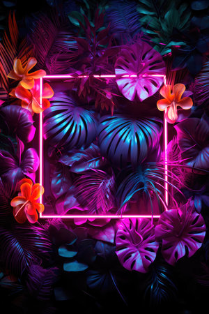 Concept illustration of a creative fluorescent color layout made of tropical leaves with neon light square. Generative AIの素材