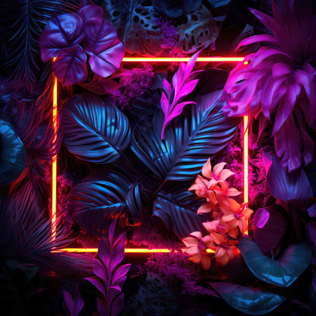 Concept illustration of a creative fluorescent color layout made of tropical leaves with neon light square. Generative AIの素材
