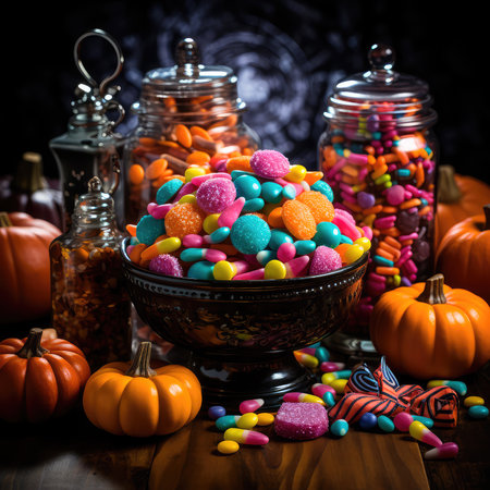 Concept illustration of a bright illustration of candies on a colorful Halloween-style background. Generative AIの素材
