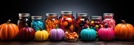 Concept illustration of a bright illustration of candies on a colorful Halloween-style background. Generative AIの素材