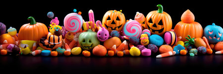 Concept illustration of a bright illustration of candies on a colorful Halloween-style background. Generative AIの素材