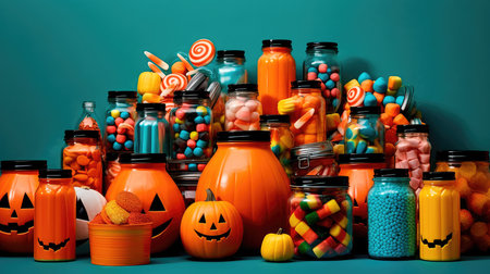 Concept illustration of a bright illustration of candies on a colorful Halloween-style background. Generative AIの素材