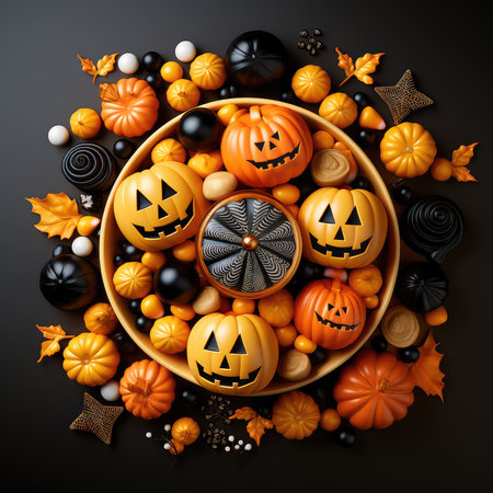 Concept illustration of a Halloween candies with paper decorations on orange background. Generative AIの素材