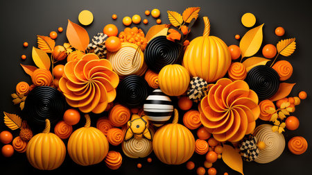 Concept illustration of a Halloween candies with paper decorations on orange background. Generative AIの素材