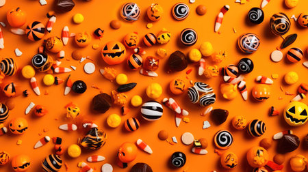 Concept illustration of a Halloween candies with paper decorations on orange background. Generative AIの素材