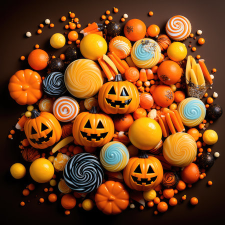 Concept illustration of a Halloween candies with paper decorations on orange background. Generative AIの素材