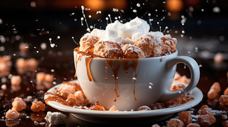 Concept illustration of a close-up of marshmallows falling into a cup of hot cocoa, creating a splash. The movement and snowy landscape in the background make it feel like the marshmallows are in a winter wonderland. Generative AIの素材