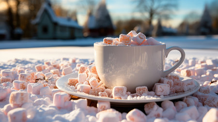 Concept illustration of a close-up of marshmallows falling into a cup of hot cocoa, creating a splash. The movement and snowy landscape in the background make it feel like the marshmallows are in a winter wonderland. Generative AIの素材