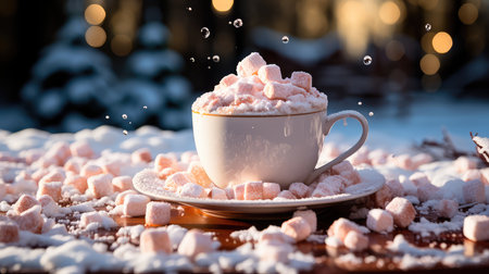 Concept illustration of a close-up of marshmallows falling into a cup of hot cocoa, creating a splash. The movement and snowy landscape in the background make it feel like the marshmallows are in a winter wonderland. Generative AIの素材