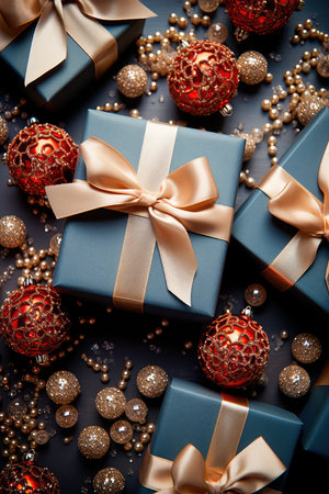 Concept illustration of an illustration of festive gift boxes decorated with multicolored silk ribbons, surrounded by stylish Christmas decorations, stars, snowflakes on a soft background. Generative AIの素材