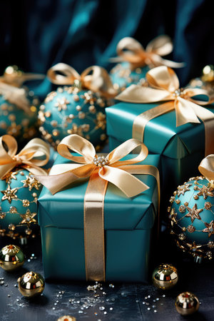 Concept illustration of an illustration of festive gift boxes decorated with multicolored silk ribbons, surrounded by stylish Christmas decorations, stars, snowflakes on a soft background. Generative AIの素材