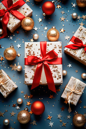 Concept illustration of an illustration of festive gift boxes decorated with multicolored silk ribbons, surrounded by stylish Christmas decorations, stars, snowflakes on a soft background. Generative AIの素材