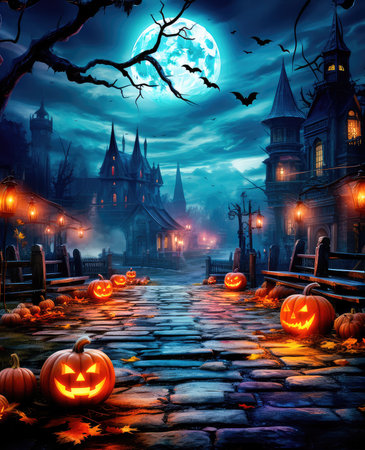 Concept illustration of a jack lanterns glowing in the moonlight, in a creepy Halloween night scene. Halloween Landscape - Table And Cemetery on A Creepy Night. Generative AIの素材