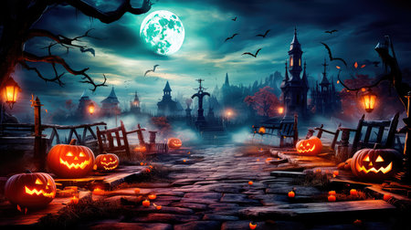 Concept illustration of a jack lanterns glowing in the moonlight, in a creepy Halloween night scene. Halloween Landscape - Table And Cemetery on A Creepy Night. Generative AIの素材