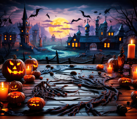 Concept illustration of a jack lanterns glowing in the moonlight, in a creepy Halloween night scene. Halloween Landscape - Table And Cemetery on A Creepy Night. Generative AIの素材