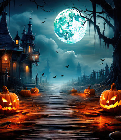 Concept illustration of a jack lanterns glowing in the moonlight, in a creepy Halloween night scene. Halloween Landscape - Table And Cemetery on A Creepy Night. Generative AIの素材