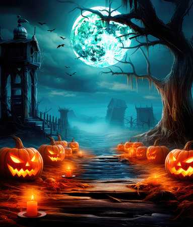 Concept illustration of a jack lanterns glowing in the moonlight, in a creepy Halloween night scene. Halloween Landscape - Table And Cemetery on A Creepy Night. Generative AIの素材