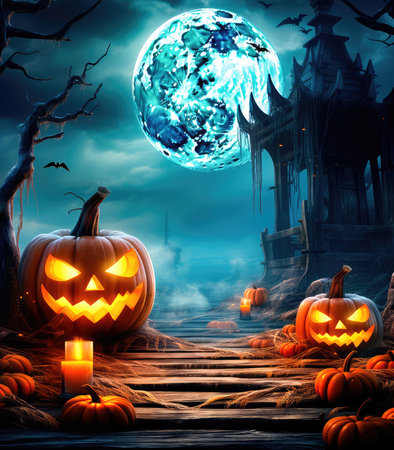 Concept illustration of a jack lanterns glowing in the moonlight, in a creepy Halloween night scene. Halloween Landscape - Table And Cemetery on A Creepy Night. Generative AIの素材