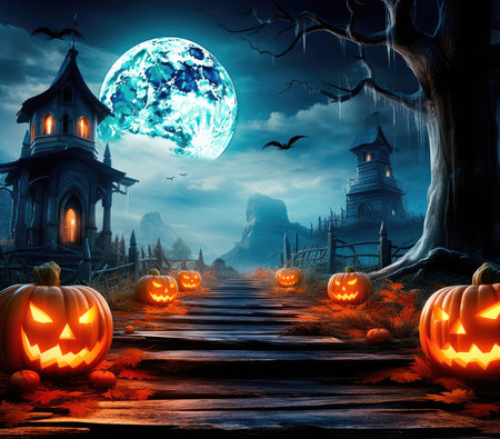 Concept illustration of a jack lanterns glowing in the moonlight, in a creepy Halloween night scene. Halloween Landscape - Table And Cemetery on A Creepy Night. Generative AIの素材