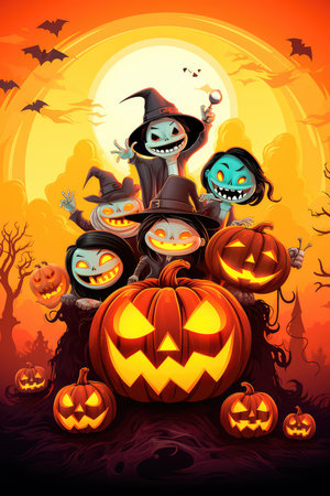 Concept illustration of a costume party for Halloween. A group of children in costumes are sitting on a giant pumpkin. In the moonlight. Orange background. Generative AIの素材