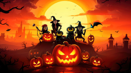 Concept illustration of a costume party for Halloween. A group of children in costumes are sitting on a giant pumpkin. In the moonlight. Orange background. Generative AIの素材