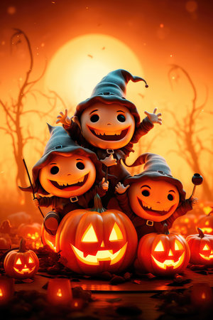 Concept illustration of a costume party for Halloween. A group of children in costumes are sitting on a giant pumpkin. In the moonlight. Orange background. Generative AIの素材
