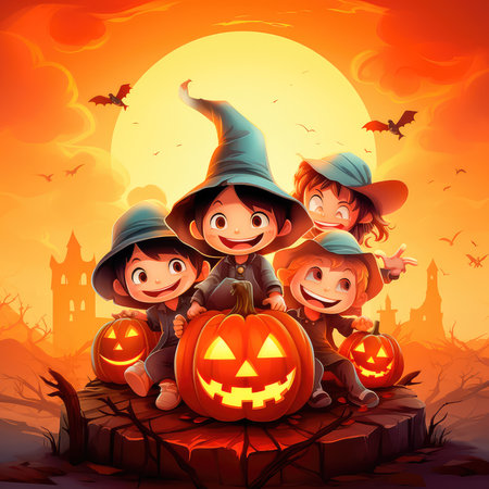 Concept illustration of a costume party for Halloween. A group of children in costumes are sitting on a giant pumpkin. In the moonlight. Orange background. Generative AIの素材