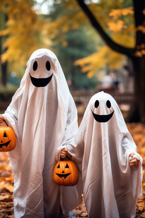 Concept illustration of a two small children in white costumes celebrate Halloween. The concept of a ghost costume for Halloween. Generative AIの素材