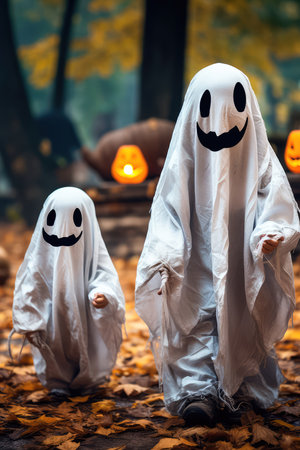 Concept illustration of a two small children in white costumes celebrate Halloween. The concept of a ghost costume for Halloween. Generative AIの素材