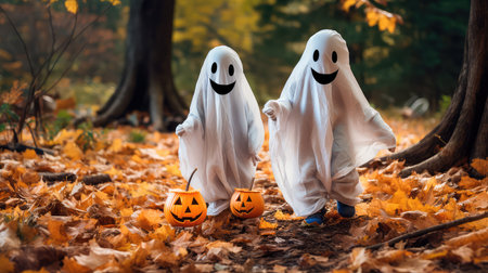 Concept illustration of a two small children in white costumes celebrate Halloween. The concept of a ghost costume for Halloween. Generative AIの素材