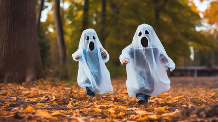 Concept illustration of a two small children in white costumes celebrate Halloween. The concept of a ghost costume for Halloween. Generative AIの素材