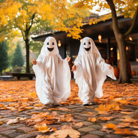 Concept illustration of a two small children in white costumes celebrate Halloween. The concept of a ghost costume for Halloween. Generative AIの素材