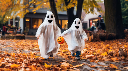 Concept illustration of a two small children in white costumes celebrate Halloween. The concept of a ghost costume for Halloween. Generative AIの素材