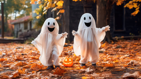 Concept illustration of a two small children in white costumes celebrate Halloween. The concept of a ghost costume for Halloween. Generative AIの素材