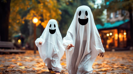 Concept illustration of a two small children in white costumes celebrate Halloween. The concept of a ghost costume for Halloween. Generative AIの素材
