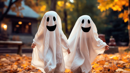 Concept illustration of a two small children in white costumes celebrate Halloween. The concept of a ghost costume for Halloween. Generative AIの素材