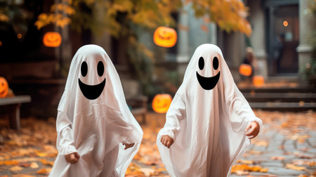Concept illustration of a two small children in white costumes celebrate Halloween. The concept of a ghost costume for Halloween. Generative AIの素材