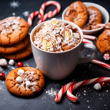 Conceptual illustration depicting chocolate chip cookies, Christmas candy caramel Cup cocoa and marshmallow Decorations on a gray background Close up. Generative AIの素材