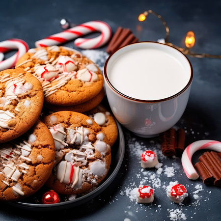 Conceptual illustration depicting chocolate chip cookies, Christmas candy caramel Cup cocoa and marshmallow Decorations on a gray background Close up. Generative AIの素材