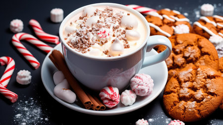 Conceptual illustration depicting chocolate chip cookies, Christmas candy caramel Cup cocoa and marshmallow Decorations on a gray background Close up. Generative AIの素材