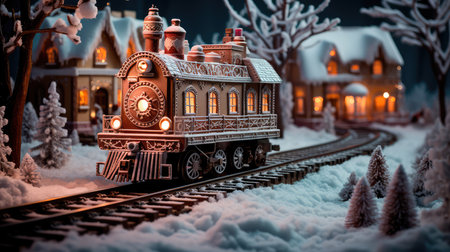 Concept illustration of an illustration depicting a gingerbread train traveling on snow-covered rails through a village decorated in a festive theme. Generative AIの素材